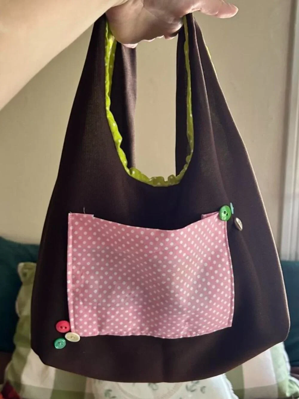 Green Polka Dot Pink Pocket Shoulder Bag | Handmade Upcycled One of One